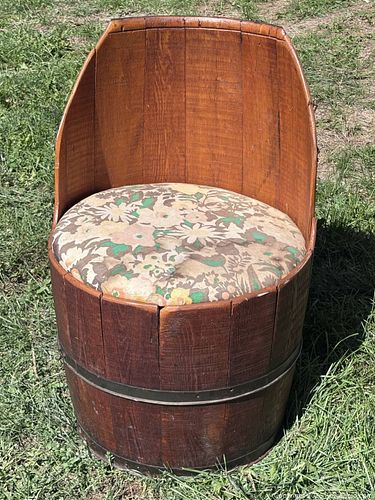 Rustic Vintage Custom Design Wood Barrel Chair with Floral Upholstered Seat HEAVY **Bring Your Own Help to Pick Up** (1 of 7)