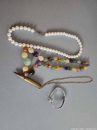 Lot of 4 Jewelry: 2 Necklaces, Bullet Pendant, Silver-Tone Cuff (1 of 4)