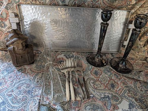 Mixed Lot: Candlesticks, Hammered Tray, Glass Dish, Flatware, Wooden Bust (1 of 3)