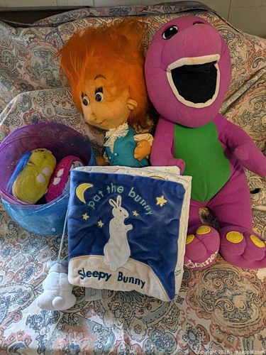 Mixed Plush & Toy Lot with Barney, Doll, Pat the Bunny Book (1 of 4)