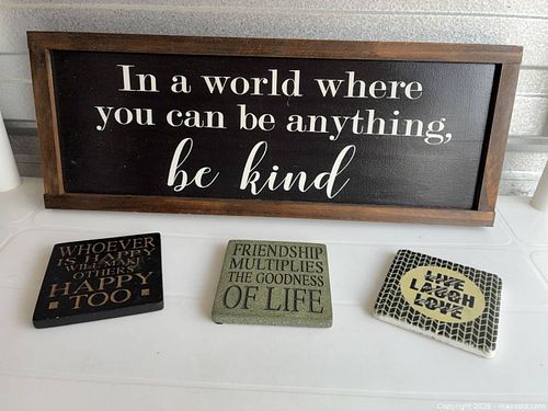 Lot of 4 Wall Signs & Coasters, Wood/Ceramic/Cork (1 of 5)