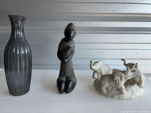 Stone Carved Woman Figurine, Ribbed Glass Vase & Ceramic Elephant Dish (1 of 6)