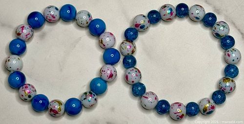 Blue, White & Multicolor Splatter Design Stretch Beaded Bracelets - Set of 2 (1 of 3)