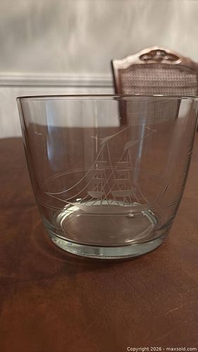 Clear Etched Glass Ice Bucket / Serving Bowl with Ship Design (1 of 5)