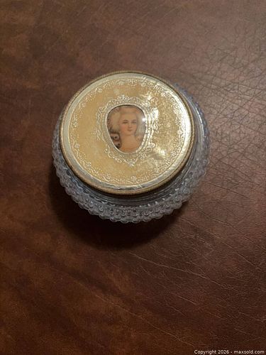 Hobnail Glass Powder Jar with Metal Lid & Porcelain Portrait Insert (1 of 5)