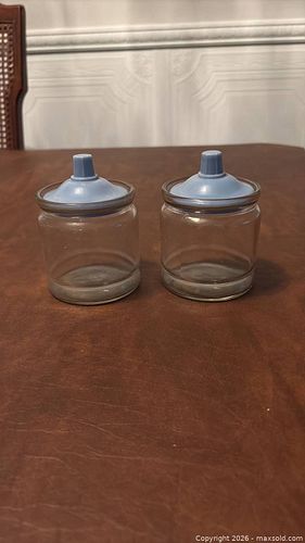 Set of 2 Small Clear Glass Jars with Light Blue Plastic Lids (1 of 6)