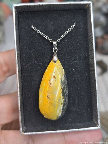 Natural gemstone Indonesian Bumblebee jasper tear drop pendant with steel chain 18 inch (1 of 10)