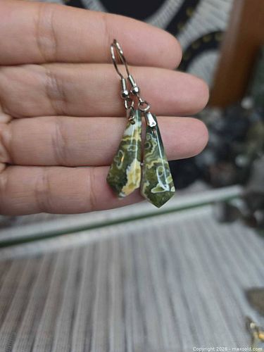 Natural gemstone Ocean Jasper with green phantom quartz stainless steel earrings  (1 of 7)