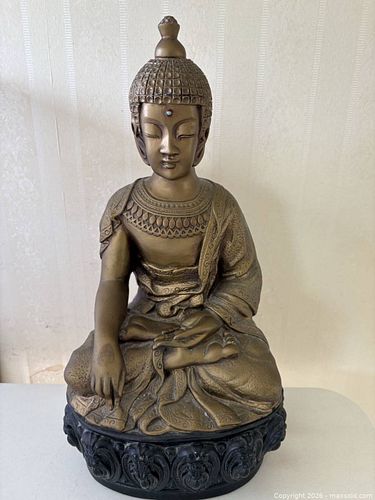 Ceramic Buddha Statue, Bronze-Gold Finish on Black Base (1 of 8)