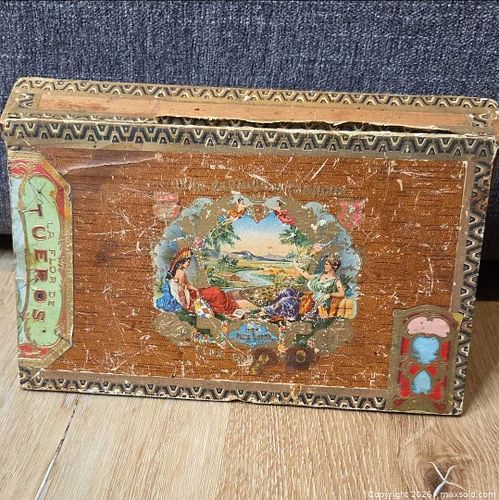 Antique La Flor De Tueros Wooden Cigar Box Gran Fabrica Claro Litho Label  (1 of 14)