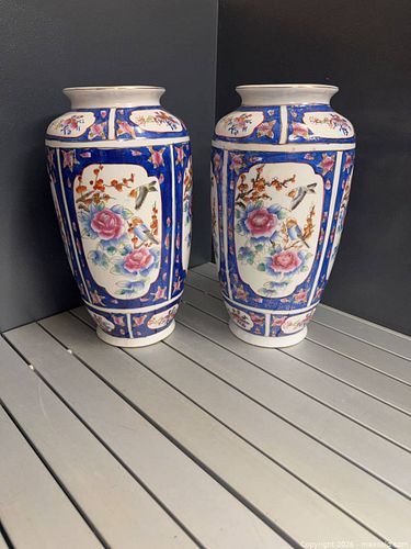Pair of Chinese-Style Porcelain Floral Vases with Bird Motifs (1 of 5)