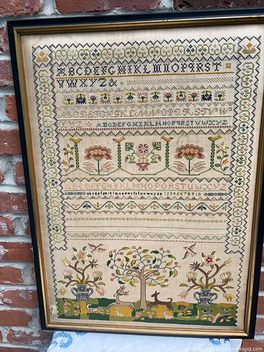 Antique Silk-Embroidered Alphabet Sampler on Linen, Framed (1 of 6)