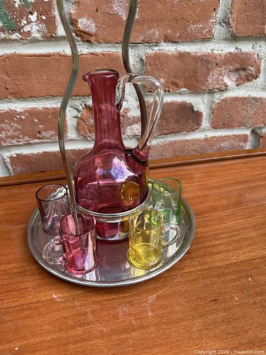 Vintage Mid-Century Colored Glass Decanter Set with Tray (1 of 4)