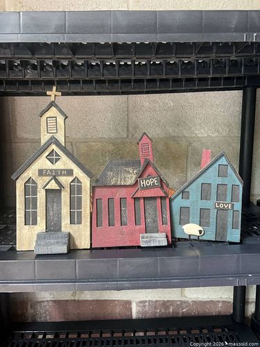 Wooden Decorative Houses & Church Set, Beige/Red/Blue (1 of 5)