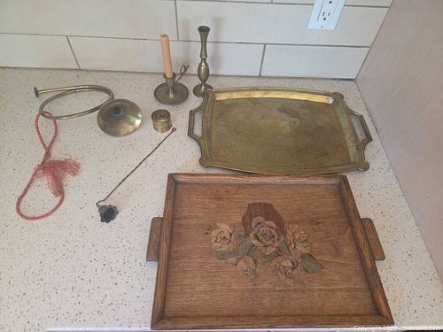 Vintage Brass & Wood Serving Set with Candlesticks (1 of 9)