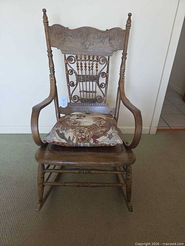 Vintage Solid Wood Rocking Chair with Carved Spindle Back (1 of 13)