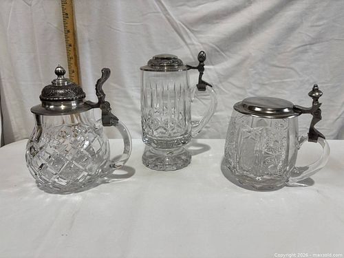 Set of 3 Cut Glass Beer Steins with Hinged Pewter Lids (1 of 5)