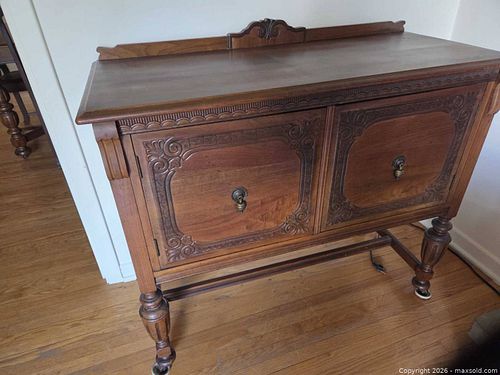 1920s Antique Solid Wood Server, Medium Brown, Carved Details (1 of 6)