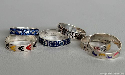 (6) Mexico Hand Painted 925 Silver Rings - Marked  (1 of 10)