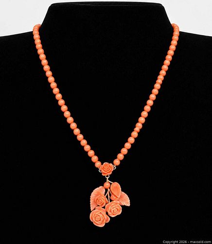 Vintage Hand Carved Salmon Coral Rose Bouquet Pendant Necklace  (1 of 7)