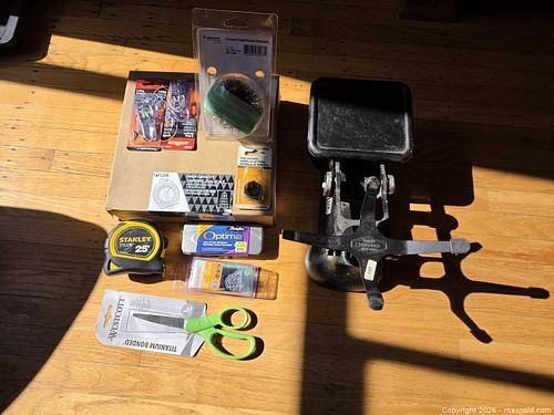 Mixed Tools Lot: Tape Measure, Scissors, Scale, Brush & Cast-Iron Holder (1 of 1)