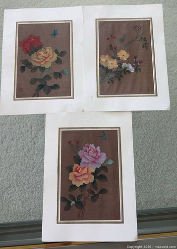 Set of Asian Chinese Floral and Bird Prints with Red Seal (1 of 6)