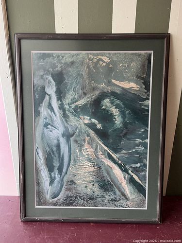 Framed Giclée Print - Marine Whale, Dark Brown Wood Frame (1 of 4)