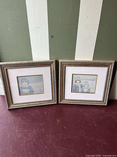 Pair of Framed Prints by Poulin, Children in Winter — 11.5 x 12 in (1 of 5)