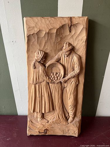 Signed Wood Relief Carving Wall Plaque, 10.5 x 22.5 in (1 of 4)