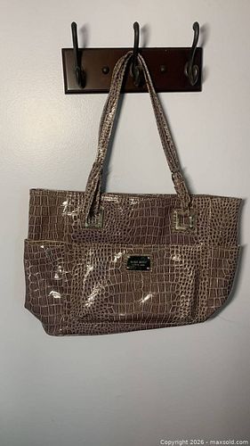 Nine West Croc-Embossed Patent Faux Leather Tote, Taupe/Brown (1 of 5)