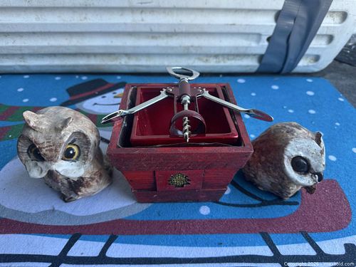 Vintage Ceramic Owl Figurines, Red Wooden Decorative Box & Corkscrew (1 of 3)