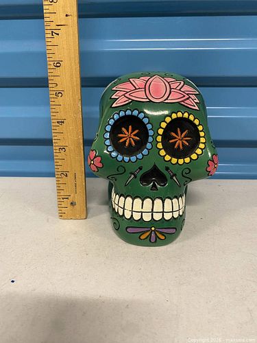 Green Ceramic Day of the Dead Decorative Skull Piggy Bank (1 of 6)