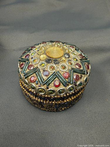 Vintage Jeweled Metal Trinket / Pill Box with Multi-Color Rhinestones (1 of 4)