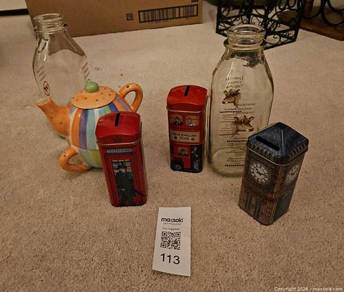 Mixed Lot: Ceramic Tea-for-One, Glass Milk Bottles & Tin Coin Banks (1 of 5)
