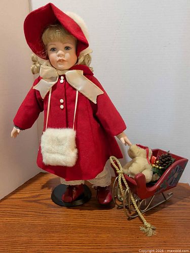 Porcelain Christmas Doll with Decorative Sleigh & Plush Dog (1 of 6)