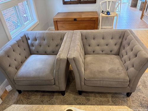 Pair of Gray Tufted Fabric Armchairs (1 of 7)