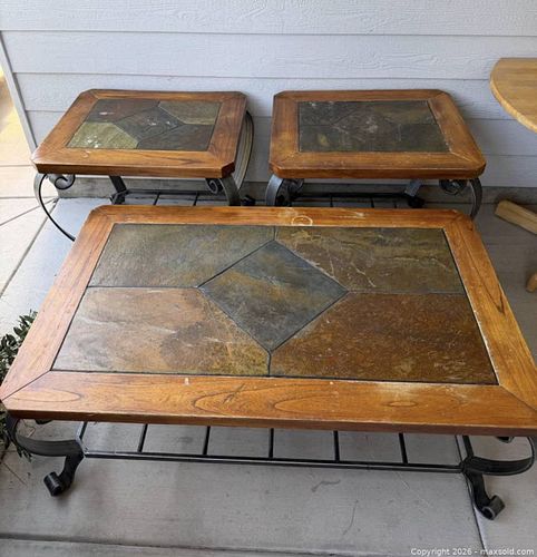 3-Piece Rustic Mediterranean Slate Inlay Coffee & End Tables (1 of 7)