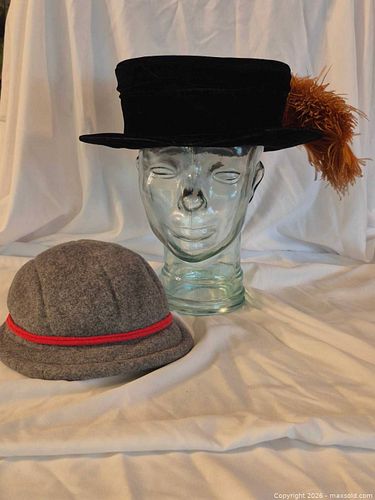 Two Vintage Hats: Black Velvet Boater & Gray Wool Cloche (1 of 18)