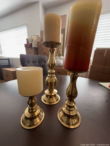 Set of 3 Brass Candle Holders with Pillar Candles (1 of 6)