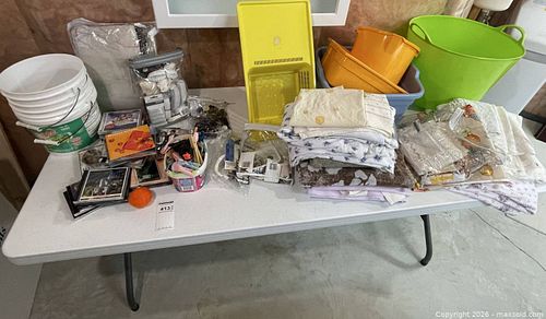 Folding table, with Household Misc linen Lot ; music CD’s , Linens, Plastic Buckets etc  (1 of 17)
