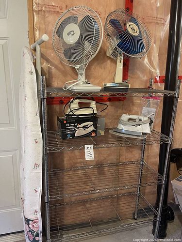 Lot: Metal Wire Shelving Rack with Fans, Irons, Ironing Board (1 of 12)