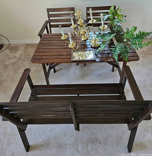 Wooden Slatted Outdoor Table & Seating with Brass Chandelier and Mirror and Faux plant in basket (1 of 10)