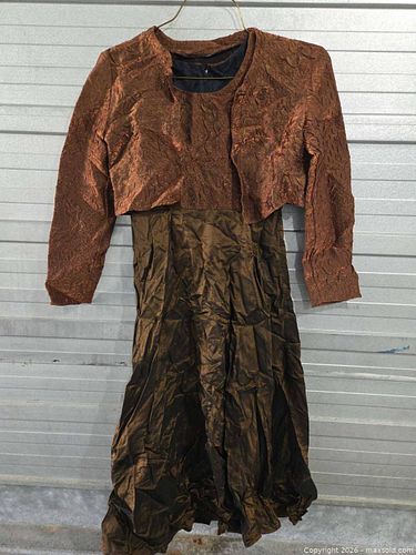 Childs S/M  Brown/Copper Brocade Maxi Dress with Jacket Bolero,  (1 of 6)