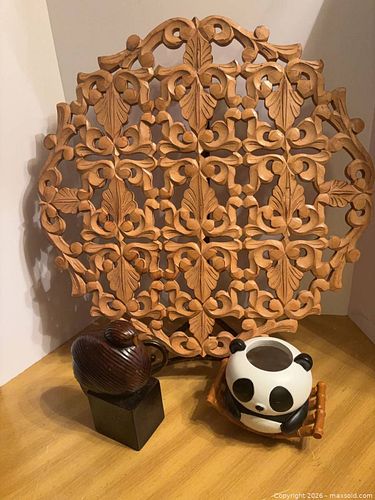 Carved Wooden Wall Panel, Bird Sculpture & Ceramic Panda Planter (1 of 6)