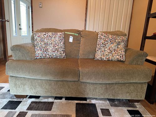 Tan/Beige/Lt Brown Chenille Fabric Loveseat with Throw Pillows (1 of 8)