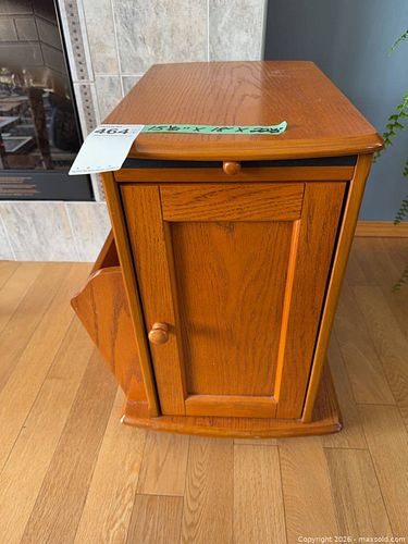 Wood veneer oak end table with cabinet, pull-out tray & casters (1 of 6)