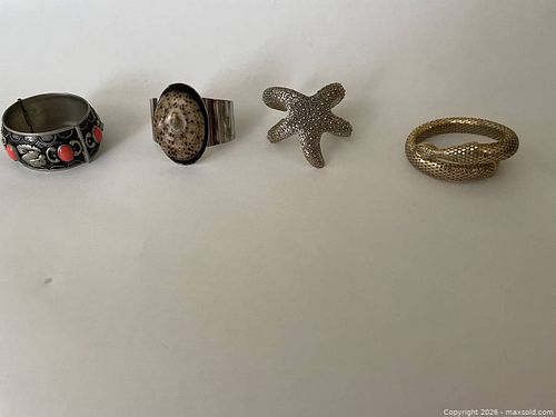 Lot of 4 Costume Jewellery Bracelets. Between 2" to 3" wide. One bracelet with glass cabezons and one bracelet with larger shell. (1 of 6)