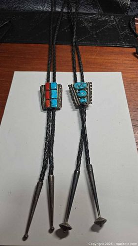 Pair of Sterling Silver Turquoise & Coral Braided Leather Bolo Ties (1 of 9)