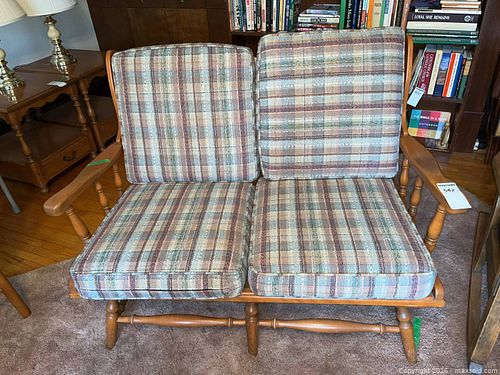 Wood Framed Loveseat with Plaid Cushions, 48" (1 of 8)