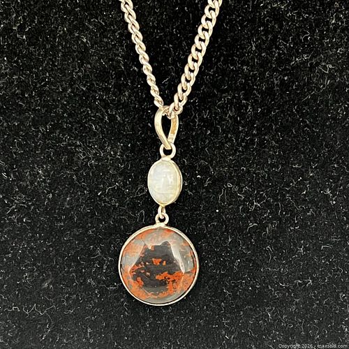 Silver-Tone Pendant Necklace with Jasper & Moonstone Cabochon (1 of 3)
